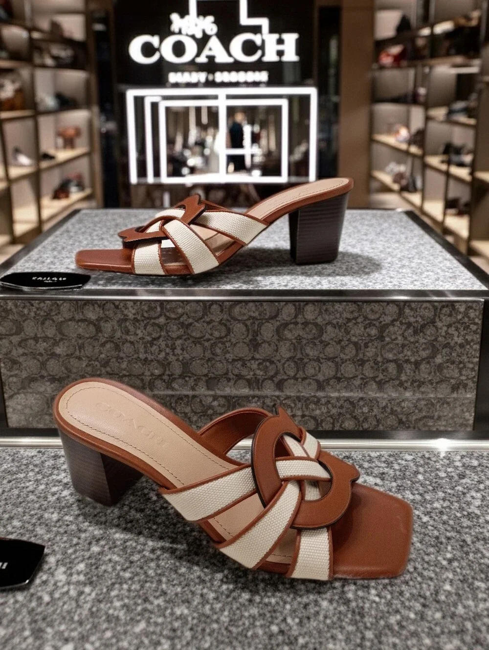 Coach Brown & Cream Braided Leather Block Heel Mule Size 8.5
